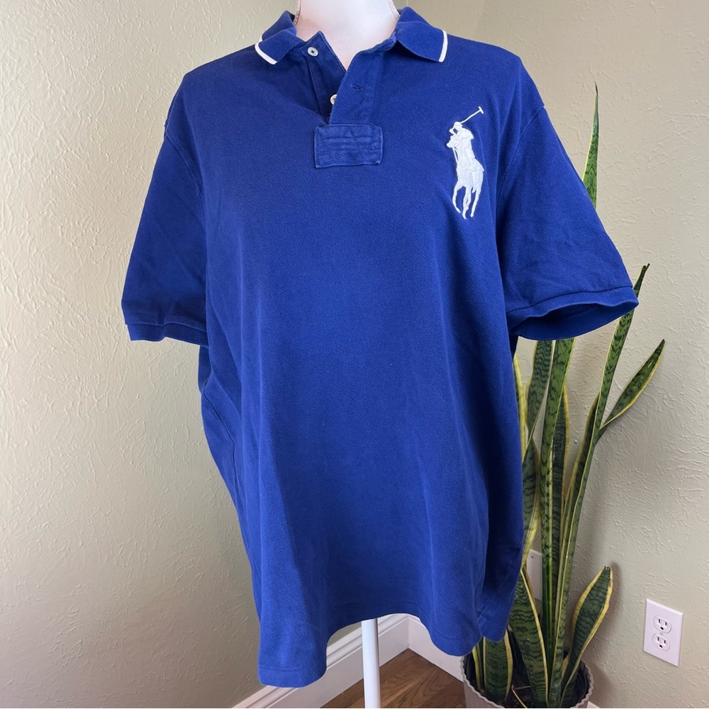 RALPH LAUREN POLO Polo Shirt Blue Decals Collared Classic Fit 100% Cotton XL
